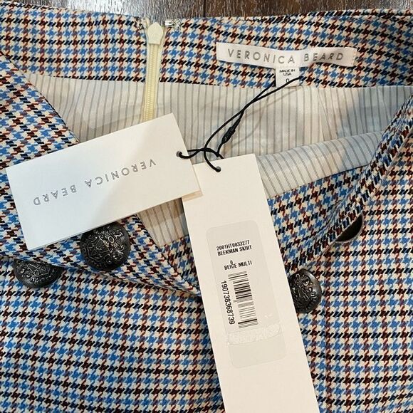 NWT VERONICA BEARD Beekman Check Button Mini Skirt in Beige Multi Size 0 - Picture 5 of 8